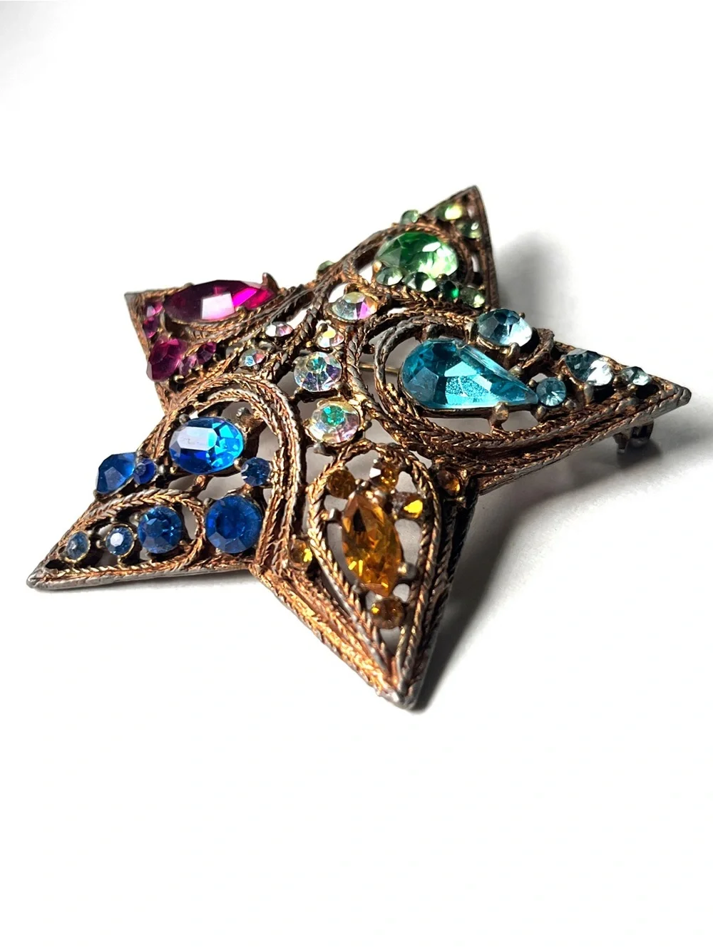 La Roco Star Brooch Pin Rainbow Jewel Gold Tone Rhinestones 1950s 2.5